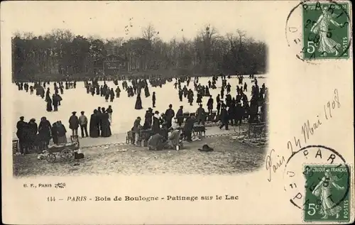Ak Paris XVI. Arrondissement Passy, Bois de Boulogne, Patinage sur le Lac
