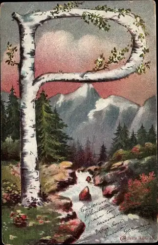 Buchstaben Ak Buchstabe P, Berge, Wald, Fluss