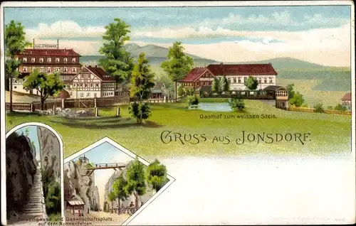 Litho Jonsdorf in Sachsen, Gasthof zum weißen Stein, Felsengasse und Gesellschaftsplatz Nonnenfelsen