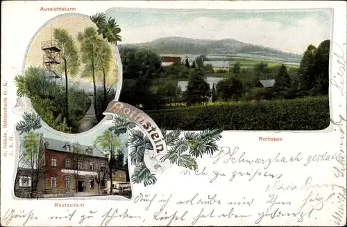 Ak Rothstein Rotstein Reichenbach in der Oberlausitz, Restaurant, Aussichtsturm, Blick auf den Ort