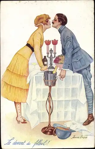 Künstler Ak Sager, X., Liebespaar, Kuss, Tisch, Kerze, Sektflasche