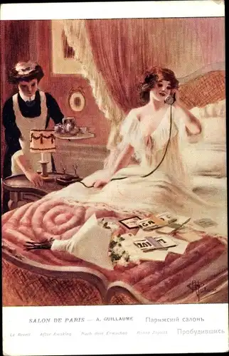Künstler Ak Guillaume, A., le Reveil, Frau telefoniert im Bett, Hausmädchen