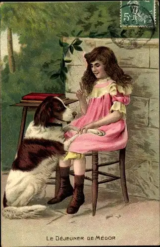 Ak le Déjeuner de Médor, Mädchen mit Hund