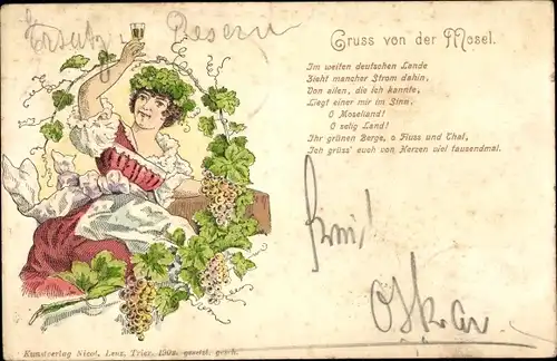 Präge Litho Gruß von der Mosel, Frau mit Weinglas, Weinreben