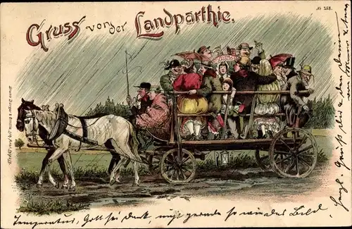 Litho Gruß von der Landpartie, Kutschfahrt im Regen