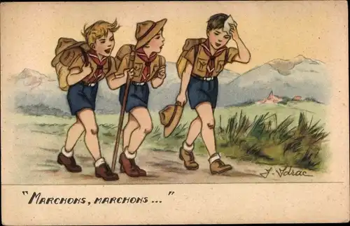 Künstler Ak Marchons, marchons, Pfadfinder beim Wandern, Frankreich