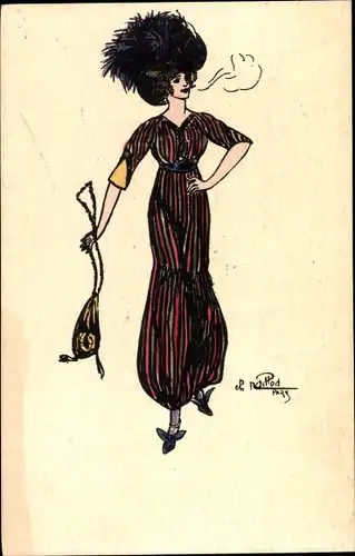 Künstler Ak Rauchende Frau in gestreiftem Kleid