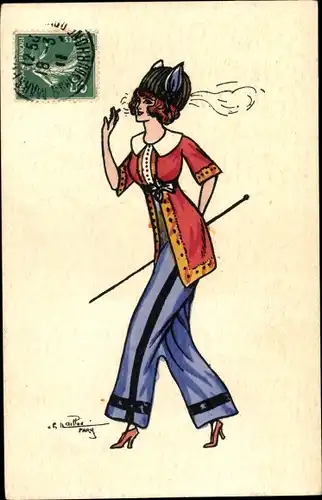 Künstler Ak Frau im Hosenanzug, Mütze mit Eselsohren, Zigarette