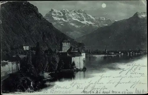 Mondschein Ak Territet Montreux Kt. Waadt, Ortsansicht, Berge