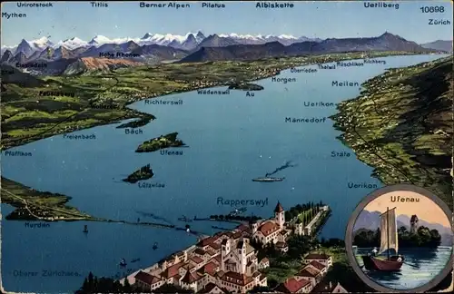 Ak Zürichsee Kanton Zürich, Berner Alpen, Pilatus, Rapperswyl, Ufenau