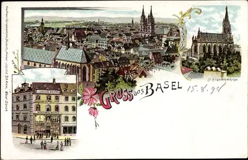 Litho Bâle Basel Stadt Schweiz, St. Elisabethenkirche, Blick auf den Ort, Handlung