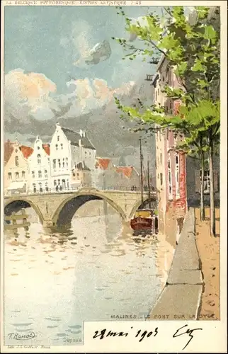 Künstler Litho Ranot, F., Mechelen Malines Flandern Antwerpen, Le Pont sur la Dyle