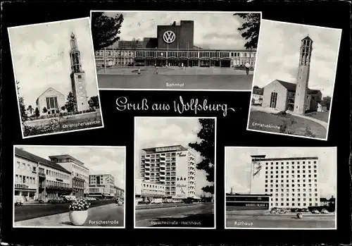 Ak Wolfsburg in Niedersachsen, Christopheruskirche, Bahnhof, Rathaus, Porschestraße, Hochhaus
