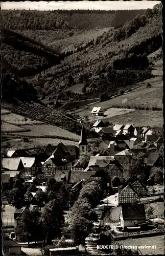 Ak Bödefeld Schmallenberg im Sauerland, Teilansicht vom Ort mit Kirche, Felder, Wald