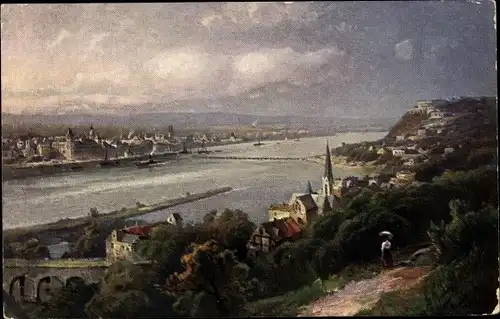 Künstler Ak Astudin, N., Koblenz, Blick über den Rhein, Kirche, Gewitterwolken
