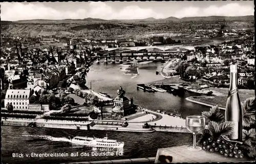 Ak Koblenz am Rhein, Blick vom Ehrenbreitstein auf das Deutsche Eck