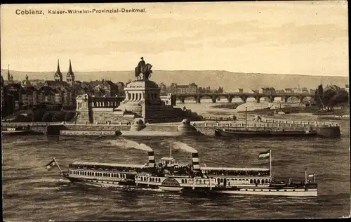 Ak Koblenz, Deutsches Eck, Kaiser Wilhelm Denkmal, Rheindampfer