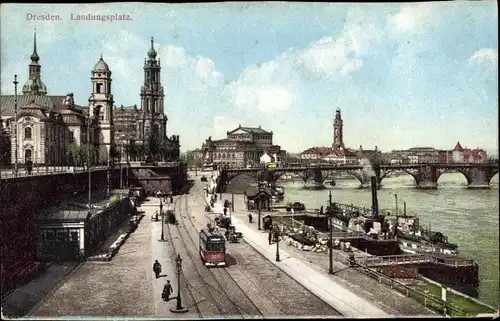 Ak Dresden Altstadt, Landungsplatz der Dampfschiffe, Straßenbahn