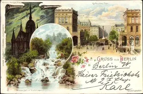 Litho Berlin Kreuzberg, Hallesches Tor, Viktoriapark mit Wasserfall, Kirche zum Heiligen Kreuz