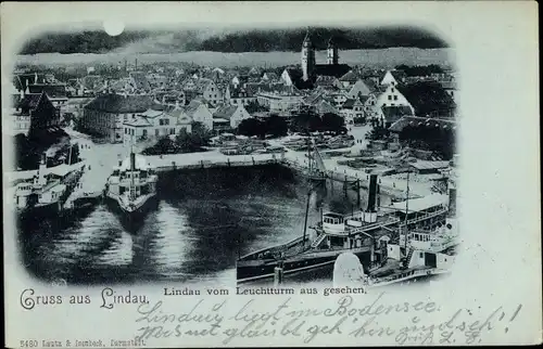 Mondschein Ak Lindau am Bodensee Schwaben, Hafenansicht vom Leuchtturm