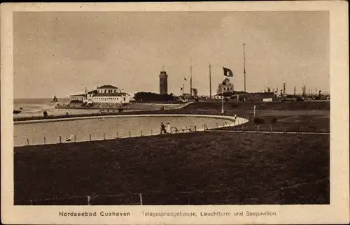 Ak Nordseebad Cuxhaven, Telegraphengebäude, Leuchtturm und Seepavillon