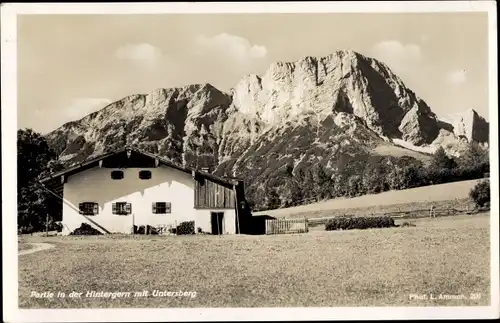 Ak Bischofswiesen in Oberbayern, Partie in der Hintergern mit Untersberg, Hof