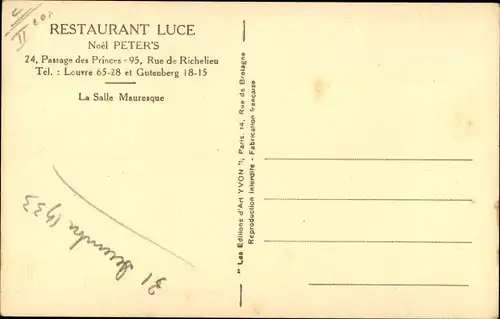 Ak Paris II. Arrondissement Bourse, Restaurant Luce, 24, Passage des Princes, Rue de Richelieu