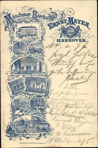 Litho Hannover in Niedersachsen, Münchener Bierhalle, Luisenstraße, Garten, Billardzimmer