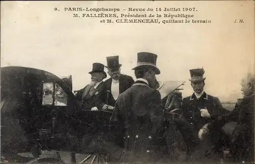 Ak Paris XVI. Arrondissement Passy, Longchamps, Revue du 14 Juillet 1907, Fallieres, Clemenceau