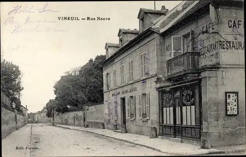 Ak Vineuil Oise, Rue Neuve, Café Restaurant