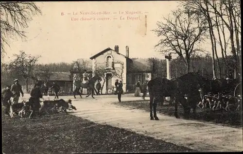 Ak La Neuville en Hez Oise, le Magasin, départ d' une Chasse à courre, Treibjagd, Hunde, Pferde