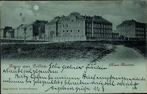 Mondschein Ak Zittau in Sachsen, Neue Kaserne