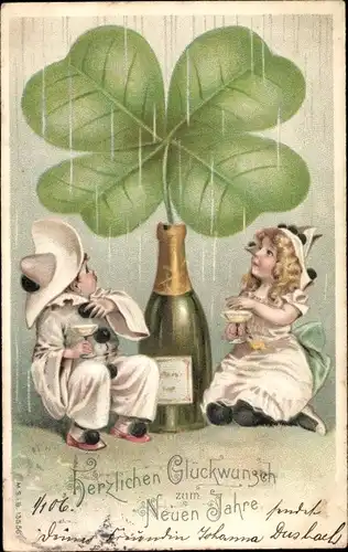 Präge Litho Glückwunsch Neujahr, Pierrot, Pierrette, Kleeblatt, Sektflasche, Regen