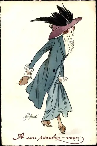 Künstler Ak Frau mit Mantel und Hut