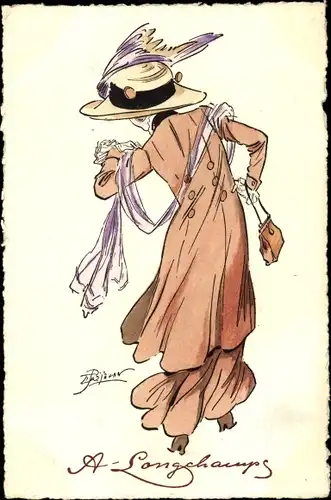 Künstler Ak A Longchamps, Frau mit Hut und Mantel