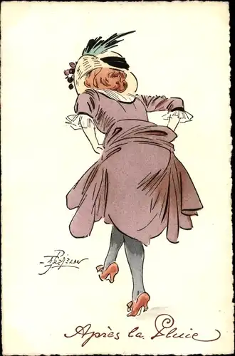 Künstler Ak Apres la Pluie, Frau im Kleid mit Hut