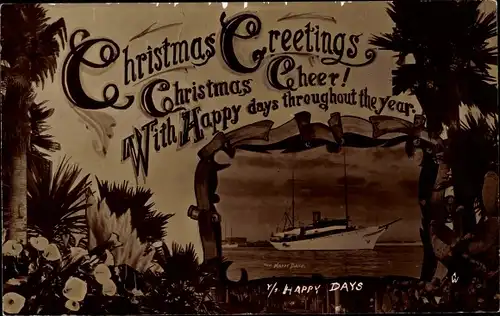 Passepartout Foto Ak Glückwunsch Weihnachten, Yacht Happy Days, Christmas Greetings, Palmen