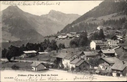 Ak Château d'Œx Oex Kanton Waadt, Ortsansicht, Dent de Corjon