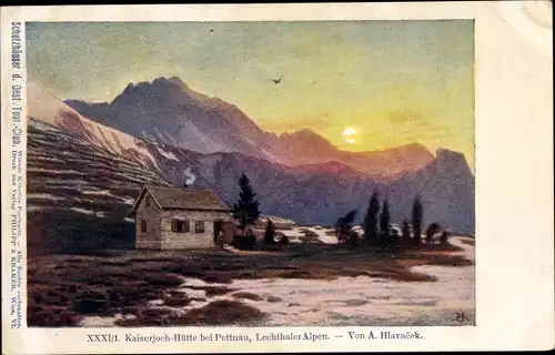 Künstler Ak Hlavacek, A., Pettnau in Tirol, Kaiserjoch-Hütte, Lechthaler Alpen