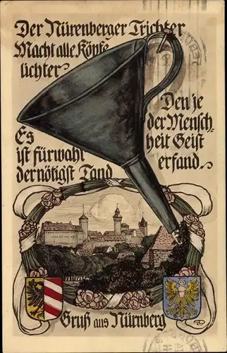 Künstler Ak Nürnberg in Mittelfranken Bayern, Trichter, Wappen, Kranz, Teilansicht vom Ort