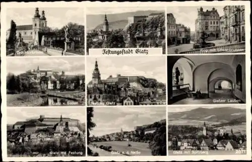 Ak Kłodzko Glatz Schlesien, Ring, Löwenbrunnen, Spitzberg, Festung, Brücktorbrücke