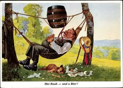 Künstler Ak Schlemo, E., Mei Ruah und a Bier, Bierfass, Hängematte