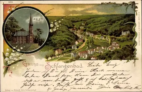 Litho Schlangenbad im Rheingau Taunus Kreis, Katholische Kirche, Blick auf den Ort mit Umgebung