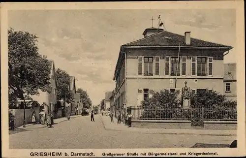 Ak Griesheim in Hessen, Blick in die Großgerauer Straße, Bürgermeisteramt, Kriegerdenkmal