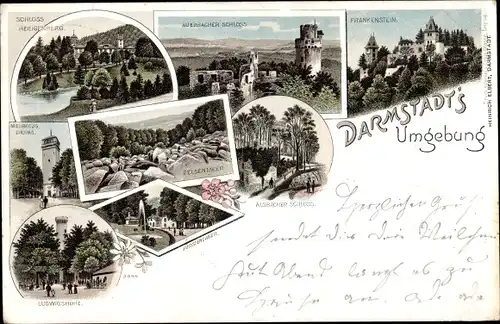 Litho Auerbach Bensheim, Frankenstein, Auerbacher u. Alsbacher Schloss, Felsenmeer, Ludwigshöhe