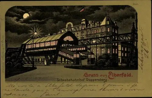 Mondschein Litho Elberfeld Wuppertal in Nordrhein Westfalen, Schwebebahnhof Döppersberg