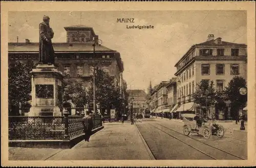 Ak Mainz in Rheinland Pfalz, Blick in die Ludwigstraße mit Gutenberg Denkmal, Auto