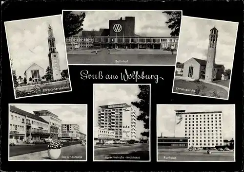 Ak Wolfsburg in Niedersachsen, Christopheruskirche, Bahnhof, Rathaus, Porschestraße, Hochhaus