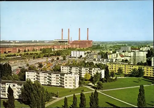 Ak Wolfsburg in Niedersachsen, Übersicht vom Hochhaus Café, VW Werk