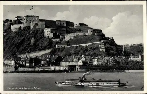 Ak Koblenz am Rhein, Blick auf Festung Ehrenbreitstein, Schiff